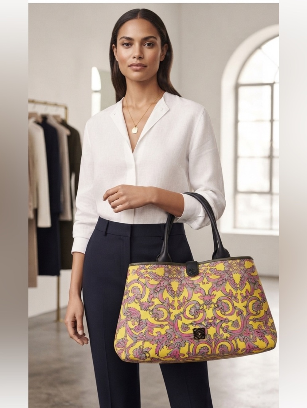 Loewe limited addition Yellow and Pink Patterned Tote with Black Handles